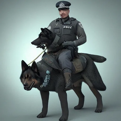 Image similar to police officer riding a giant German shepherd in the city, trending on artstation