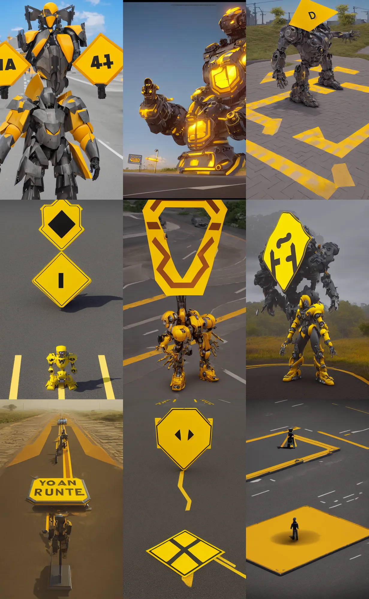 Prompt: giant yellow road sign armor champion, character design trending on artstation, mecha, unreal engine 5, octane render