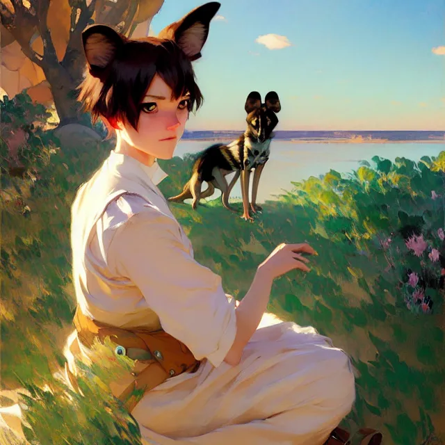 Prompt: a female character inspired by an african wild dog, short hair, basic background, krenz cushart, mucha, ghibli, by joaquin sorolla rhads leyendecker, by ohara koson