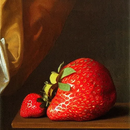 Prompt: giant strawberry in still life. dutch masters, 1 8 th century. oil on canvas. impossibly large, juicy, fresh, delicious, mouth - watering