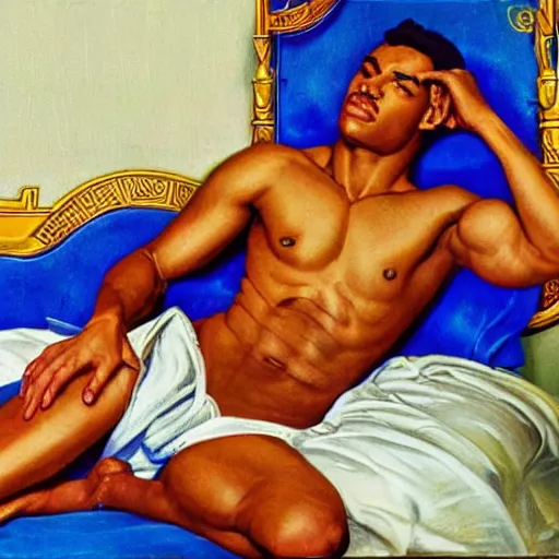 Image similar to photo shot of oiled up glossy 1 8 y. o. muscular genie with blue skin, posing in bed, morning sunlight, greek, dramatic, romantic, detailed, realistic, in style of j. c. leyendecker