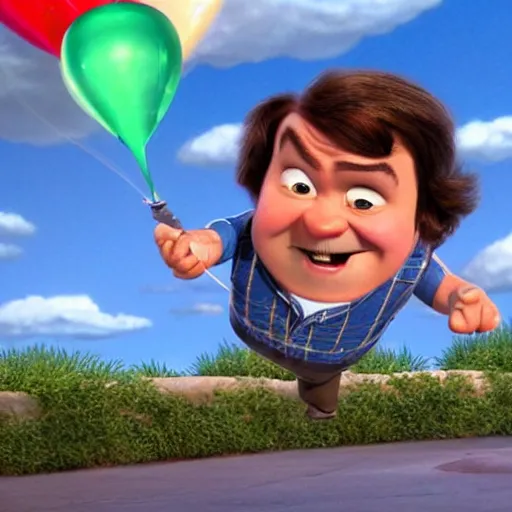 Image similar to Jack Black in Pixar's Up, CG movie still, very detailed