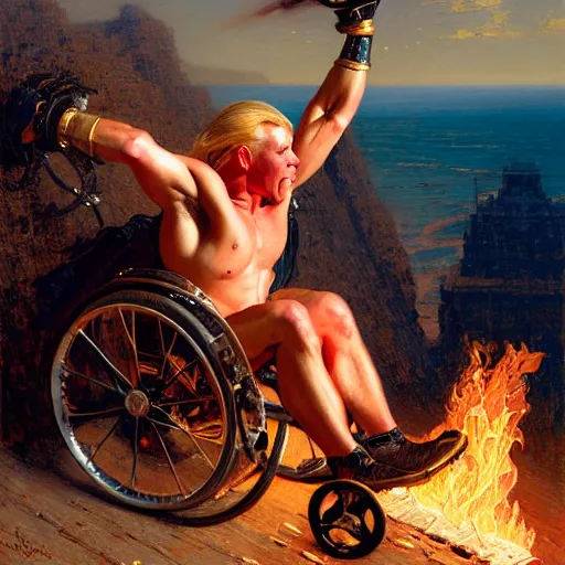 Image similar to wcw lex lugar in a wheel chair on fire rolling off a cliff. highly detailed painting by gaston bussiere, j. c. leyendecker, greg rutkowski, craig mullins 8 k