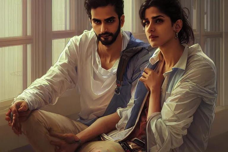 Image similar to Anxious good looking pale young Indian doctors wearing jeans inside a hospital, portrait, elegant, intricate, digital painting, artstation, concept art, smooth, sharp focus, illustration, art by artgerm and greg rutkowski and alphonse mucha