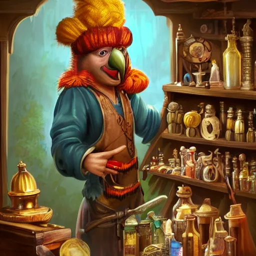 Image similar to Anthropomorphic parrot trader in his shop, shelves full, selling a gem, portrait, items, magic potions, carpet, window, fancy funny hat, sly expression , cunning expression, cute expression, presenting magic gem, D&D, fantasy, cinematic lighting, highly detailed, digital painting, artstation, concept art, smooth, sharp focus, illustration, warm light, cozy warm tint, magic the gathering artwork, volumetric lighting, 8k, no gold, no gold colours, art by Akihiko Yoshida, Greg Rutkowski