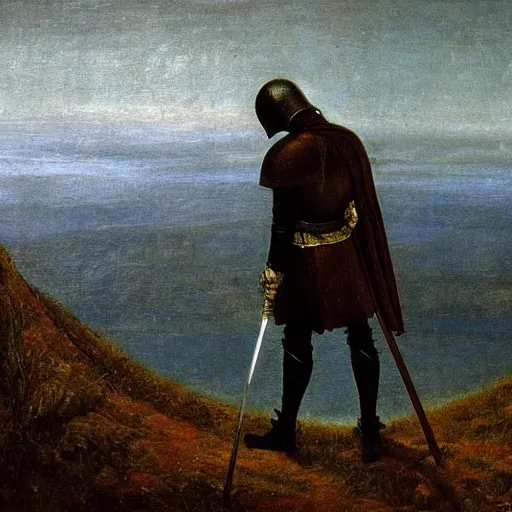 Image similar to dying knight facing the abyss, in the style of Caspar David Friedrich