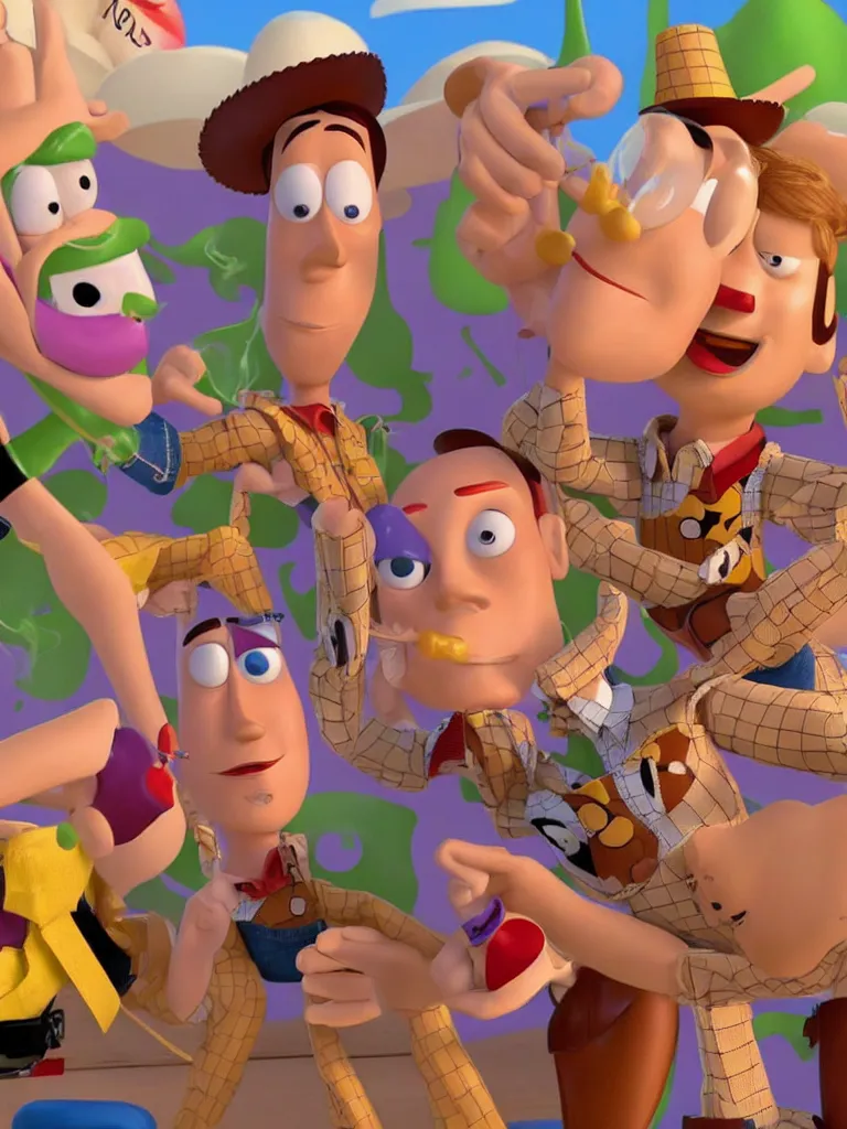 Prompt: woody from toy story, wearing sexy lingerie, seductive, drag queen, smoking cigarette and drinking cocktails, snorting cocaine, smoking bong, hallucinating, drunk, in the style of pixar, children's tv show