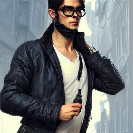 Prompt: ultra realistic illustration, man in a jacket with two dark glasses, with black hair, intricate, elegant, highly detailed, digital painting, artstation, concept art, smooth, sharp focus, illustration, art by artgerm and greg rutkowski and alphonse mucha