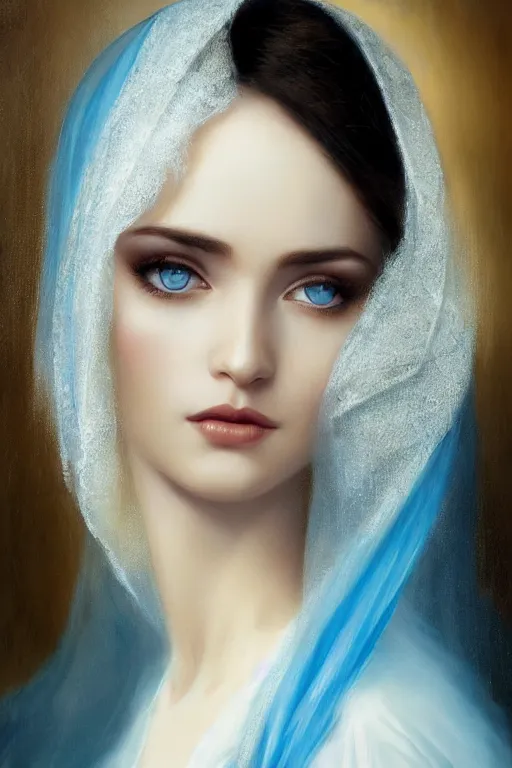 Image similar to arab Ameera al-Taweel, bright blue eyes, long wavy black hair, white veil, closeup, focus face, elegant, highly detailed, centered, oil painting, artstation, concept art by tom bagshaw