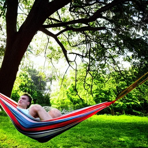 Image similar to award winning photograph of business man resting in a hammock, heavenly, peaceful, tranquil