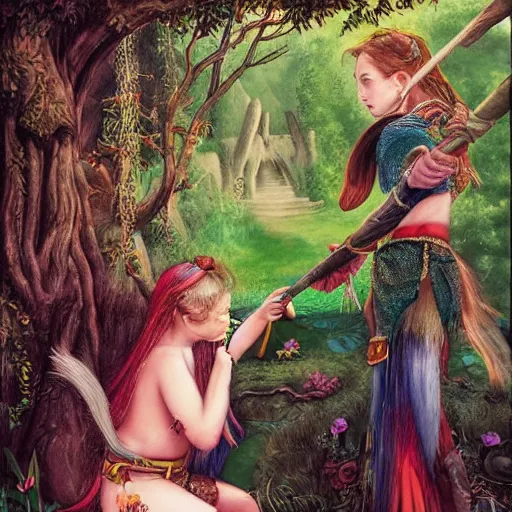 Image similar to sensual girl warrior making a ritual with her daughter in a magical forest, fantasy, highly detailed faces
