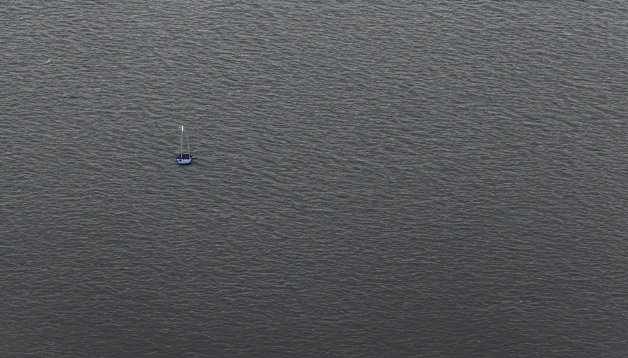 Image similar to photograph of a dark lake, cloudy day, rope floating on or near top of water, snaking towards the center of the lake, anamorphic lens, kodak color film stock