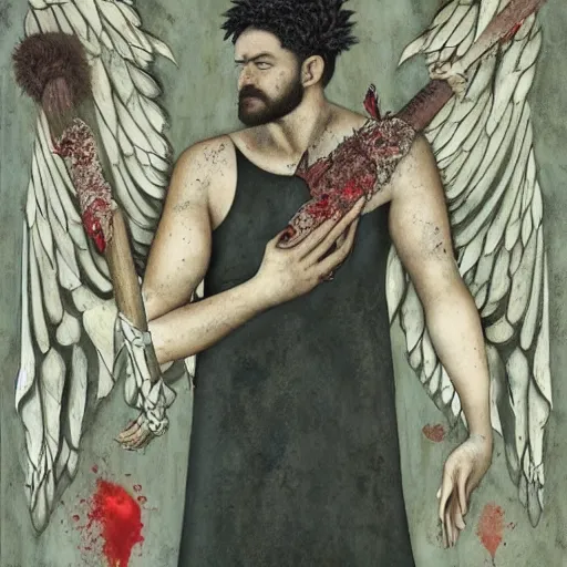 Image similar to emotive by mab graves. a mixed mediart of hercules after he has completed one of his twelve labors, the killing of the hydra. he is standing over the dead hydra, covered in blood clutching a sword that slew the beast. his face is expressionless.