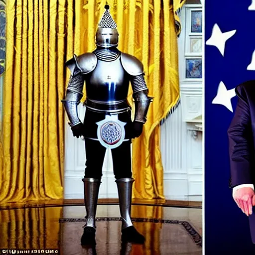 Prompt: full - body - front - shot!!!!!!!!!!!!, donald trump wearing knight'armor, crown, renaissance painting of a knight, detailed face of donald trump