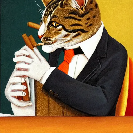 Image similar to an antropomorphic cat wearing a suit smoking a cigar