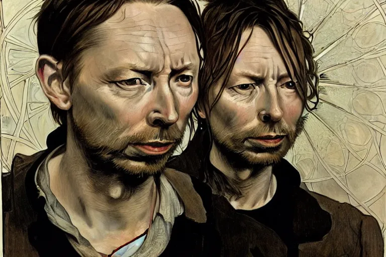 Image similar to hyper realistic portrait of thom yorke singer songwriter, side, liminal space, by lee bermejo, alphonse mucha and greg rutkowski