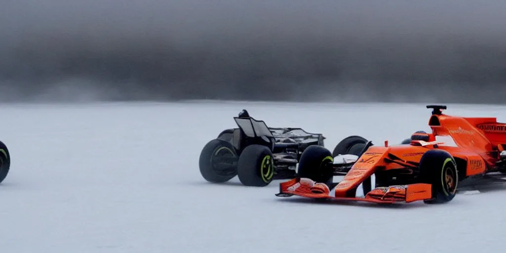 Prompt: F1 car racing on an ice lake, cinematic, epic, car shot