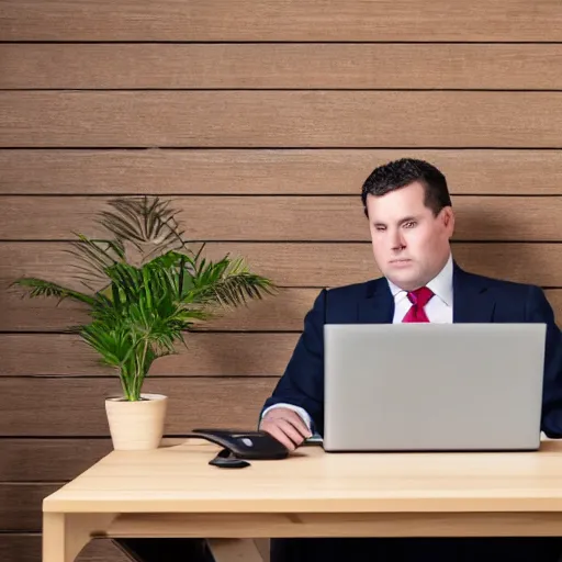 Image similar to Chubby clean-shaven white businessman sitting at a wooden conference table typing on a laptop keyboard, his right black shoe is resting on table next to laptop