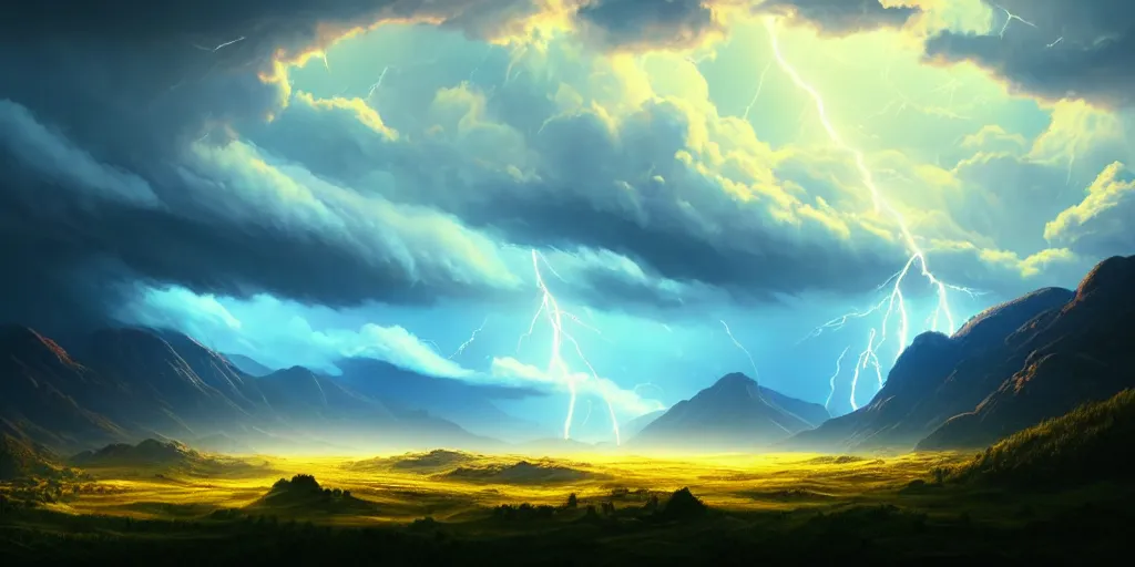Prompt: a beautiful highland valley with a big blue sky, bright sun clouds and lightning, holy; detailed, best on artstation, cgsociety, wlop, cosmic, epic, stunning, gorgeous, masterpiece