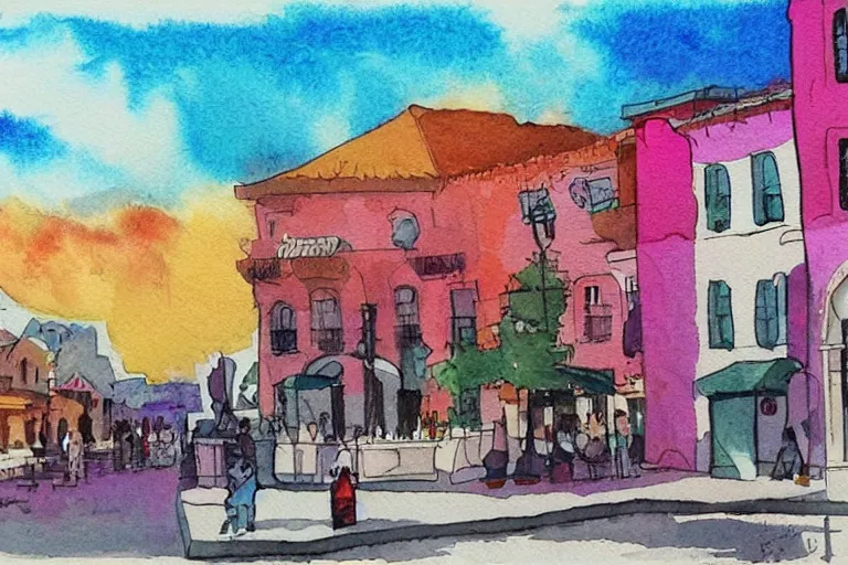Image similar to !! watercolor!! townsquare in a sunny day, colorful high contrast,!! very coherent!!, dark shadow, thick lineart