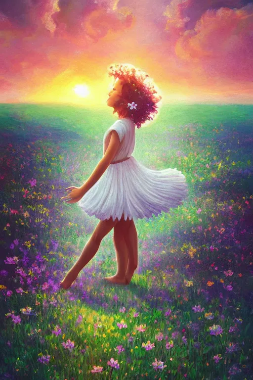 Image similar to giant white daisy flower veil, girl dancing in a flower field, surreal photography, sunrise, dramatic light, impressionist painting, colorful clouds, digital painting, artstation, simon stalenhag