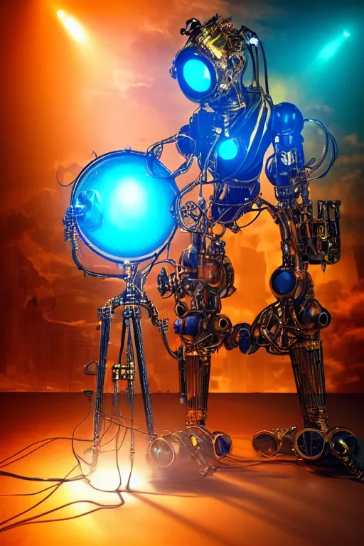 Image similar to portrait photo of a giant huge golden and blue metal humanoid female steampunk robot singer with headphones and gears and tubes, in the foreground is a big red glowing microphone on a tripod, eyes are glowing red lightbulbs, shiny crisp finish, 3 d render, 8 k, insaneley detailed, fluorescent colors, background is multicolored lasershow