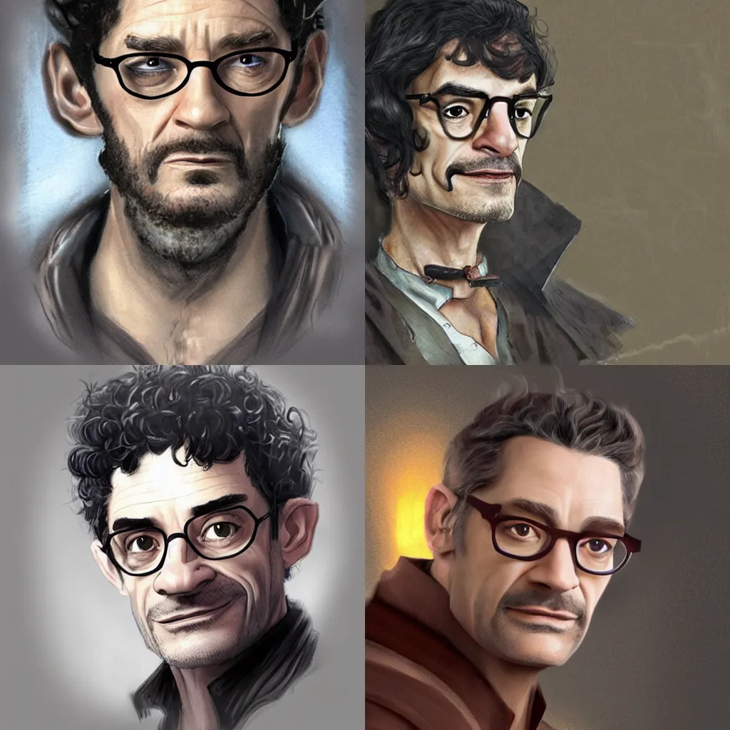 Prompt: James Frain with goatee and glasses as an alchemist, fantasy concept art by J.Dickenson