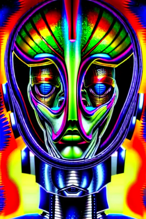 Prompt: maximalist detailed scifi robot head portrait. lowbrow scifi artwork by kidsquidy. ray tracing hdr polished sharp in visionary psychedelic fineart style inspired by alex grey and cameron gray