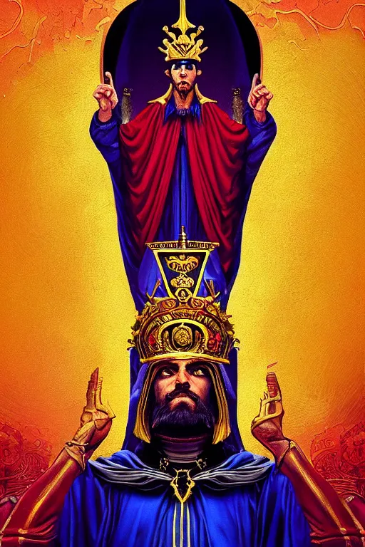 Image similar to the emperor tarot card, the crowned embodiment of male power holding the symbol of his power sits on a lavish throne ruling with wisdom and care, 8 k resolution digital painting, by alena aenami, by michael whelan, behance hd, trending on artstation deviantart