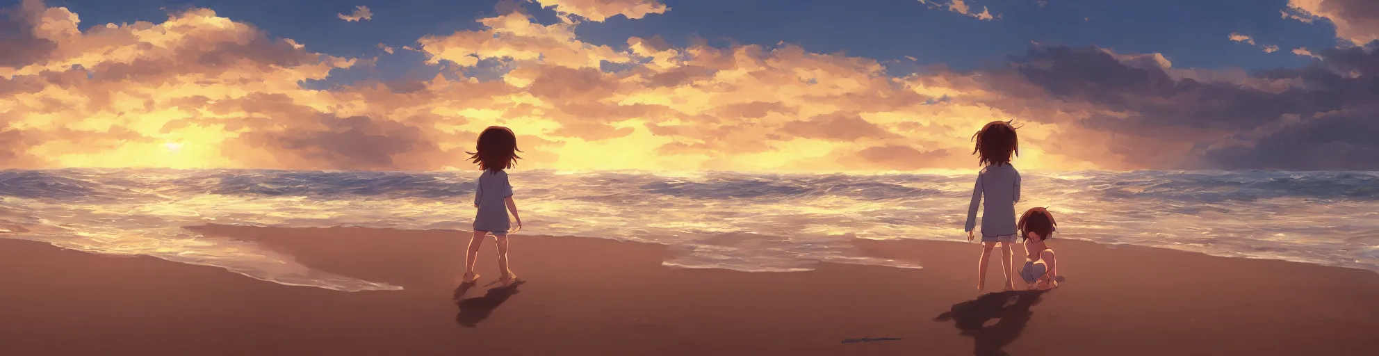 Prompt: beautiful, detailed digital painting of a brown-haired child playing on the beach and looking at the sunset, anime by Makoto Shinkai, sand, waves, trending on artstation