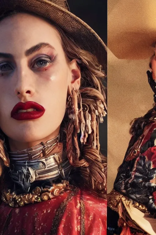 Image similar to dolce & gabbana campaign featuring jar jar binks as a female cowgirl, long eyeslashes, huge juicy lips, big seductive eyes, realistic colors, no filter, realistic vfx simulation