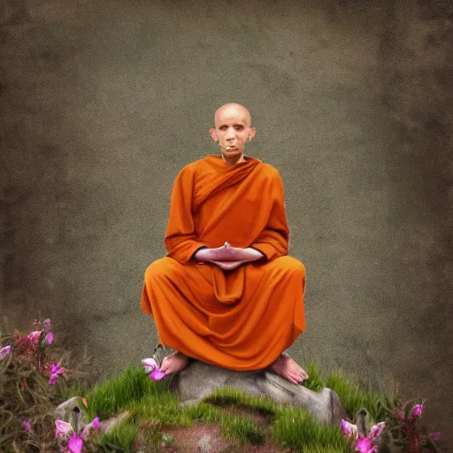 Image similar to slightly rusty robot monk in orange robes meditating in front of a worn stone shrine on a hilltop with wildflowers, digital illustration