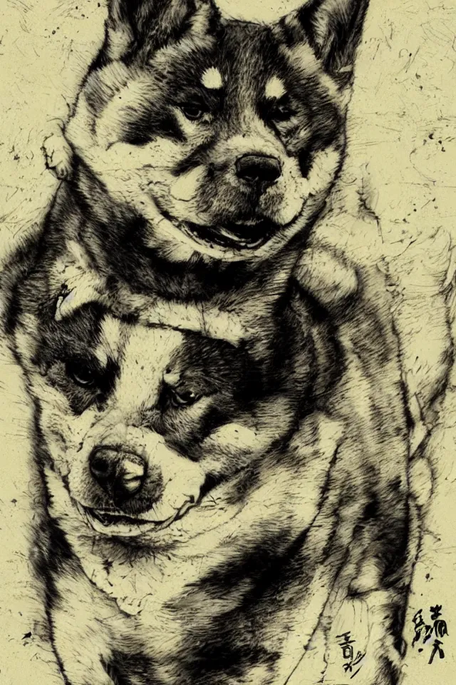 Image similar to a portrait of a shiba inu, in the style of yoji shinkawa artistic, highly detailed