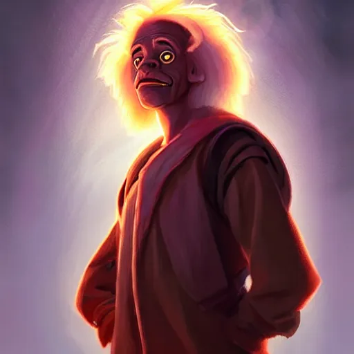 Image similar to portrait of doc brown!!, sitting!!!!!!!!!!!!!!!!!!!, on ( ( ( lion king ) ) ), disney animation, sharp, illustration, sharp, fanart, anime key art by greg rutkowski, bloom, dramatic lighting sharp focus, cinematic, artbook, smooth, centered