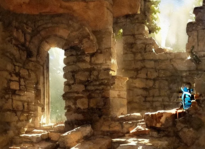 Prompt: watercolor painting of cat exploring rocky roman ruins, stone walls, very beautiful ambient lighting, sun rays, dust, art by anders zorn, wonderful masterpiece by greg rutkowski, cinematic light, american romanticism by greg manchess, creation by tyler edlin