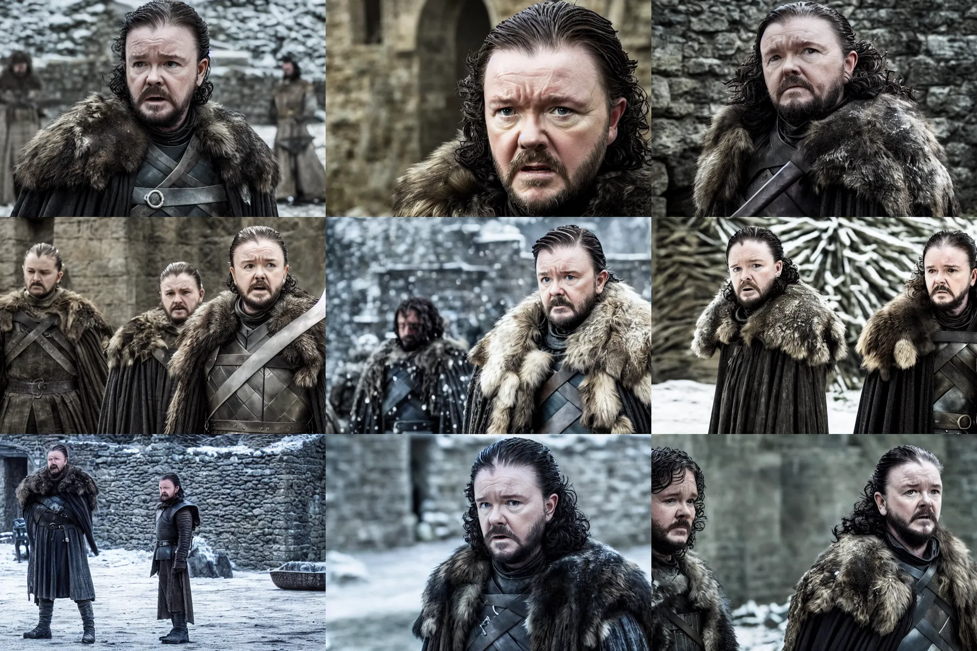 Prompt: ricky gervais as jon snow, still image from game of thrones, hd footage