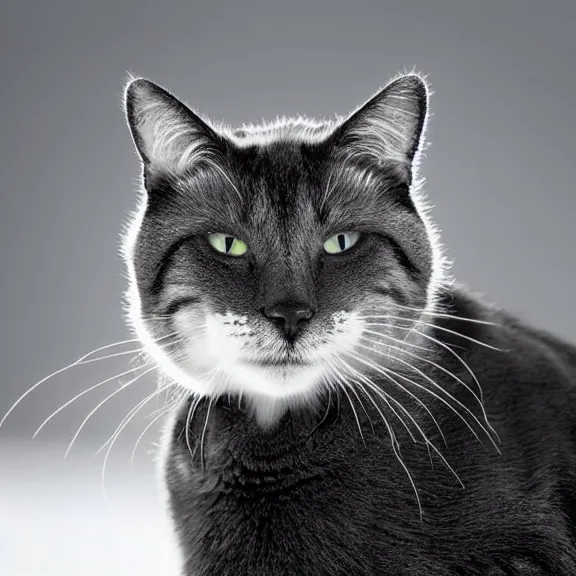 Prompt: 4 k hd, high detail photograph of a cat with black and white fur, shot with sigma f / 4. 2, 2 5 0 mm sharp lens, consistent, isometric view, volumetric lighting, high level texture render