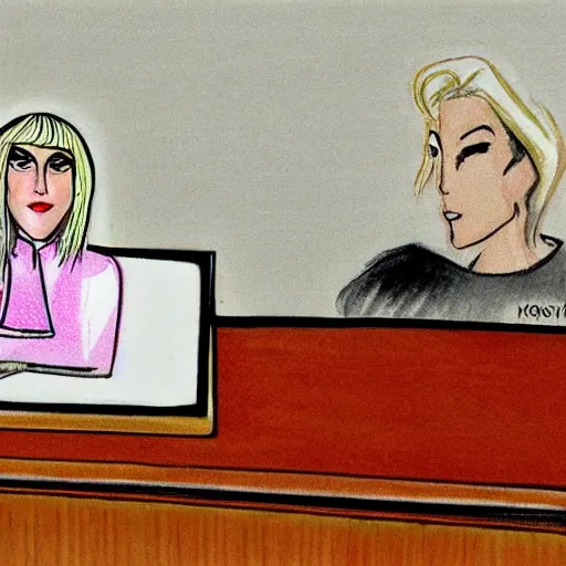 Prompt: courtroom sketch of lady gaga in the witness stand pointing at the hamburgler