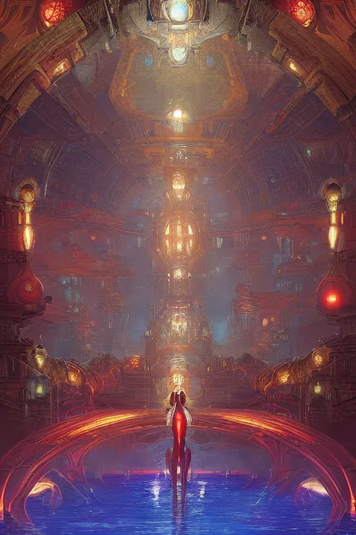 Prompt: Concept Digital Art Highly detailed Alien Art Deco Cybertron lazy river inside of the Palace of the Primes with glowing red water at night by greg rutkowski, Ilya repin, alphonse mucha, and Edmund Blair Leighton. Very highly detailed 8K, octane, Digital painting, the golden ratio, rational painting, sharp