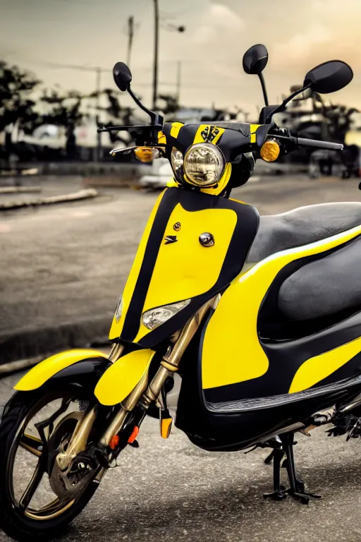 Image similar to photo of suzuki hayate ss with black and yellow paintjob, vietnam traffic background, golden hour, 5 6 0 ccm, race style, custom scooter, dslr, 8 5 mm, f / 1. 3