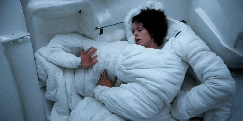 Image similar to a wide shot of Ripley sleeping inside an all-white room of cryogenic sleep chambers by Ridley Scott, Alien movie, grainy, bluish and cream tones