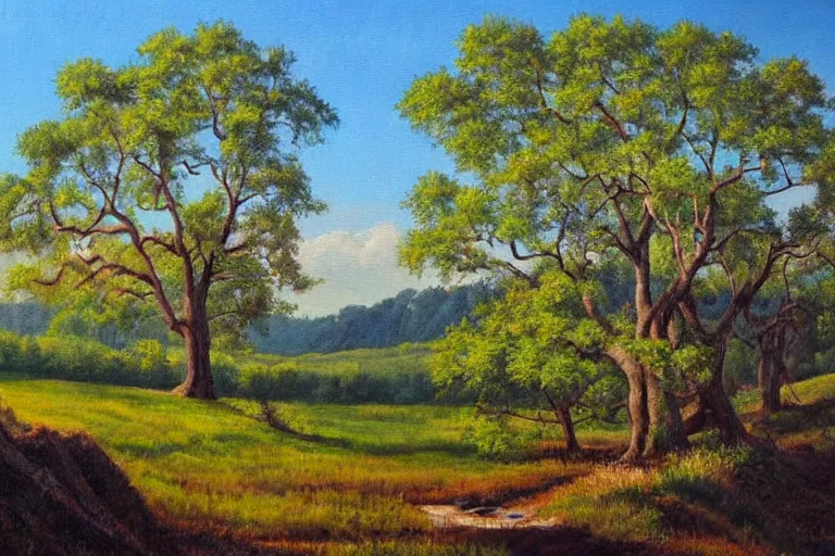 Prompt: masterpiece painting of oak trees on a hillside overlooking a creek, by alexey steele