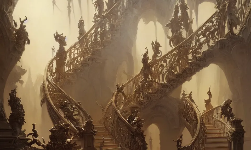 Prompt: a straight staircase full of ornate statues leading to heaven, art by greg rutkowski and peter mohrbacher, featured in artstation, octane render, cinematic, elegant, intricate, highly detailed, fantasy, concept art, sharp focus, illustration, 8 k