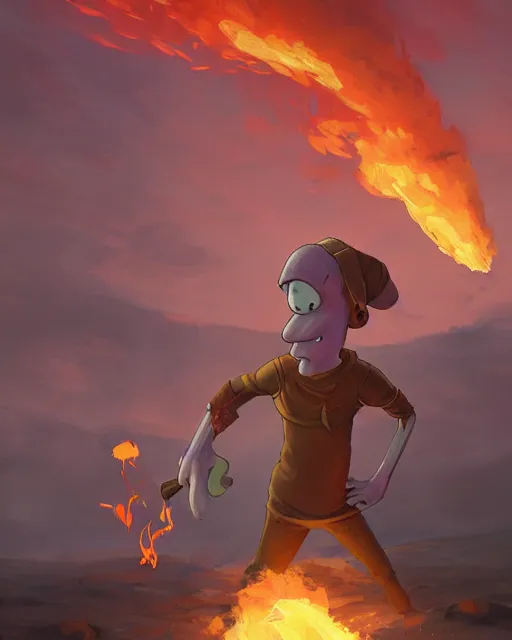 Image similar to wide shot, detailed photorealistic ( cartoony ) face, squidward, wearing fire nation clothing and practicing firebending outside at susnset, [ greg rutkowski ]