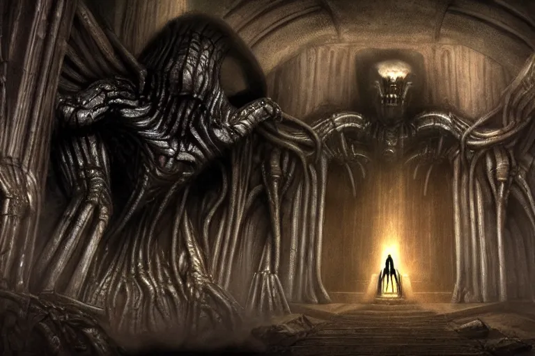 Image similar to balrog at the far end of a great hall in moria, style of h. r. giger, realistic movie still, cinematic, cgi,