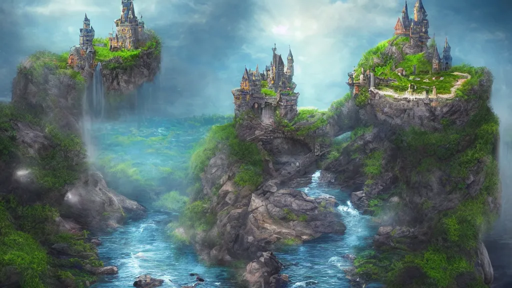 Image similar to floating castle with rivers flowing underneath, water falls, fantasy artwork, award winning, very very very very very very very beautiful scenery, hd, 4k, 8k, artstation