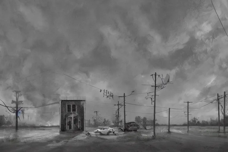 Image similar to scene from louisiana swamps, old protestant church with neon satanic pentagram, junkyard by the road, boy scout troop, voodoo artwork by tim eitel