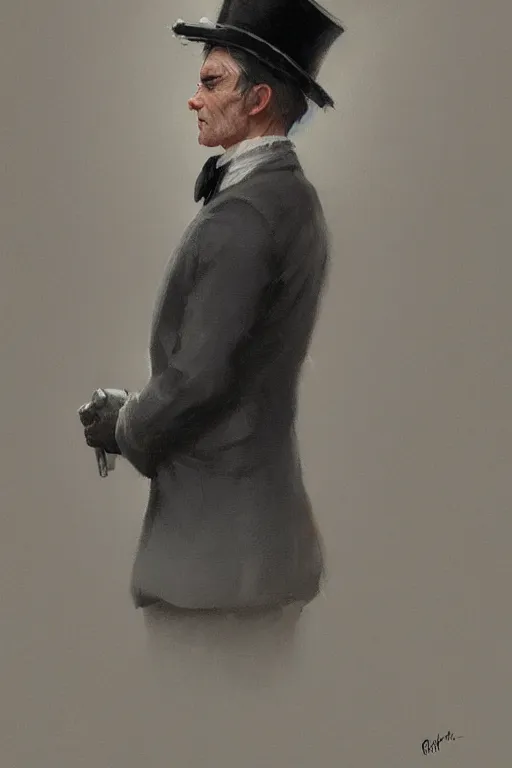 Image similar to a grey hair halfling with no beard top hat and suit by Greg Rutkowski, painting, portrait, high details, trending on artstation