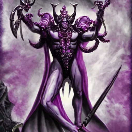 Image similar to Slaanesh, also known as the Dark Prince, the Prince of Pleasure, the Lord of Excess, the Perfect Prince, and Prince of Chaos in the Imperium of Man and She Who Thirsts among the Aeldari, is the Chaos God of pleasure, hedonism, excess and decadence.