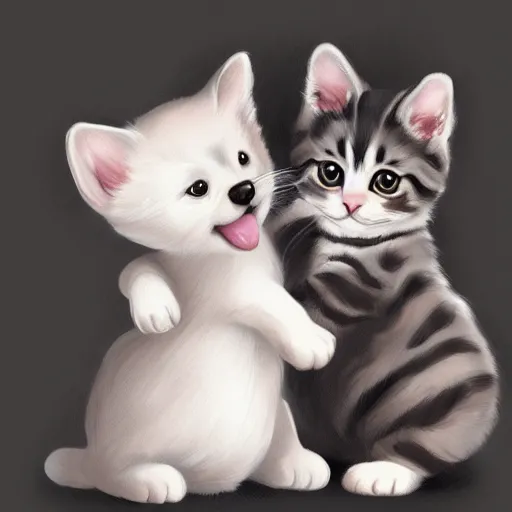 Image similar to The cutest puppy and kitten in the world are playing with each other, higly detailed, ArtStation, high quality, digital illustration